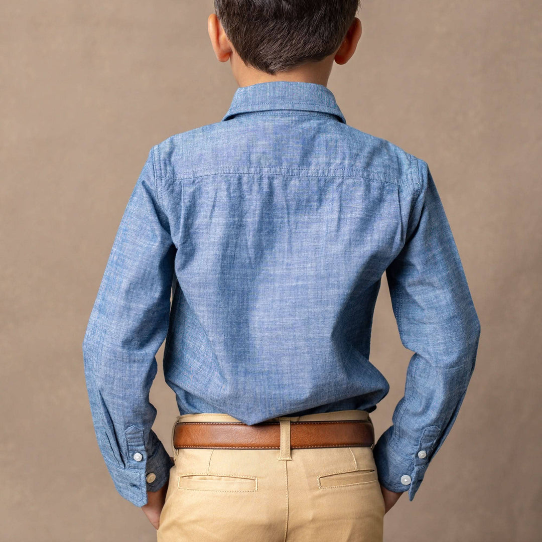 organic chambray button down shirt back view on model