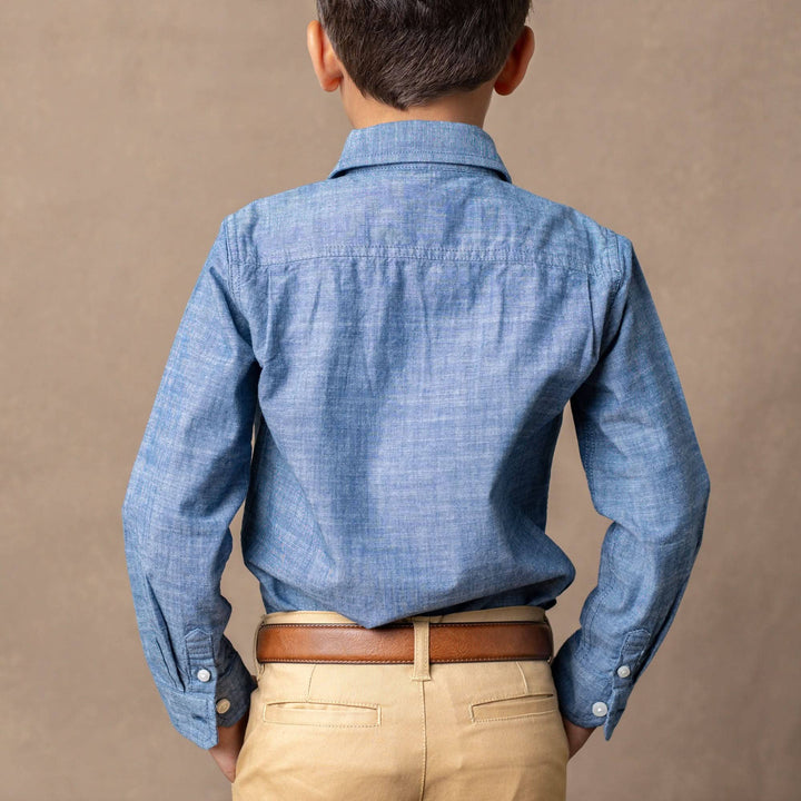 organic chambray button down shirt back view on model