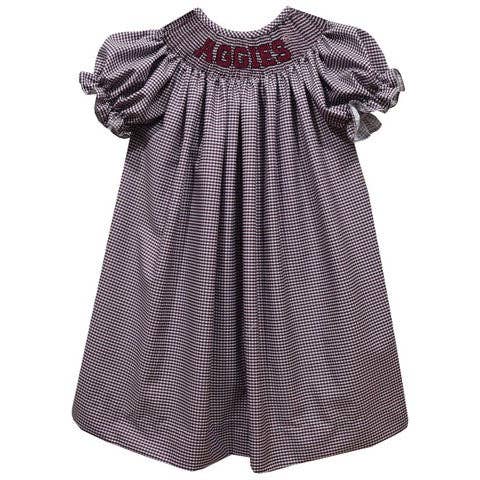 texas a&amp;m smocked gingham short sleeve bishop dress