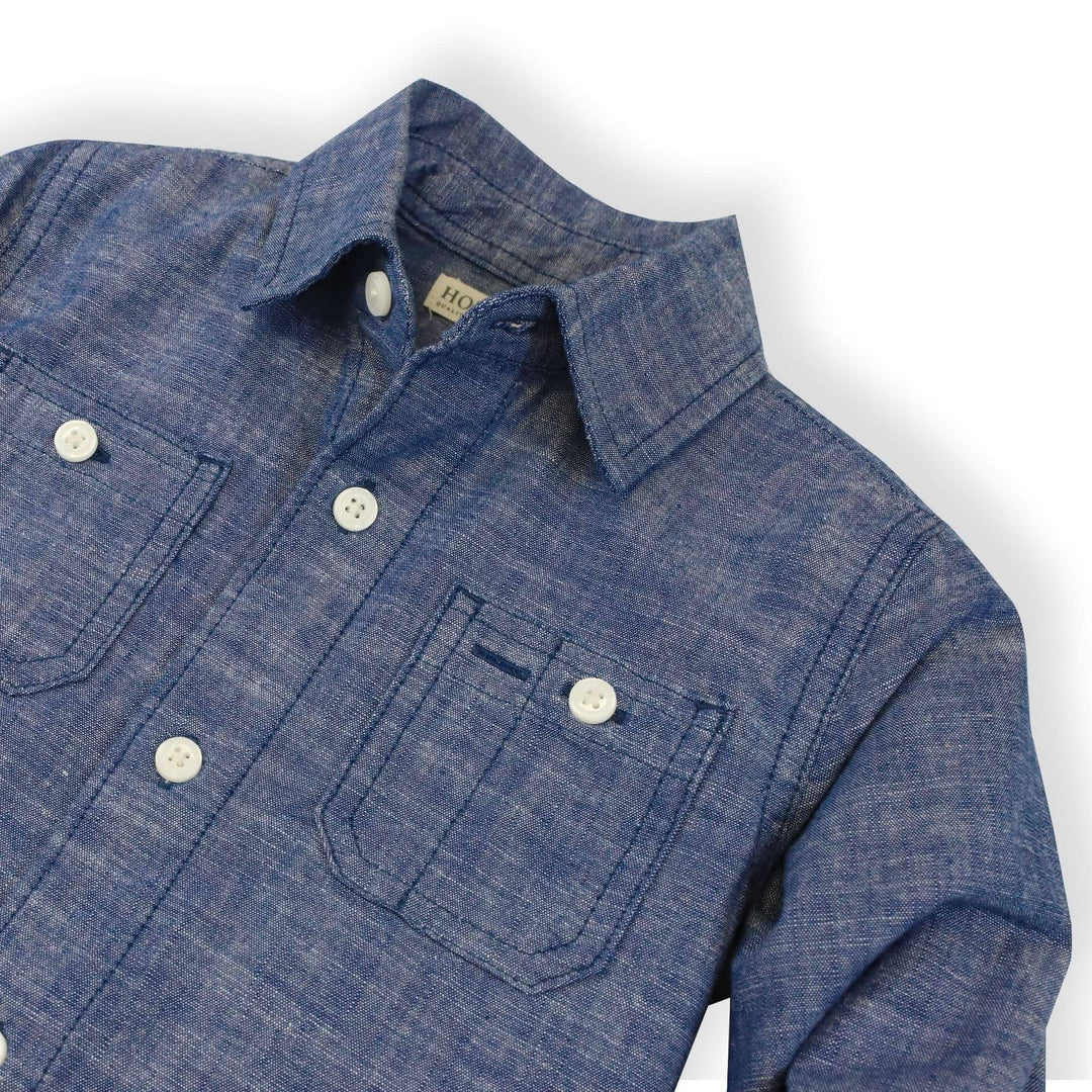 organic chambray button down shirt chest pocket detail