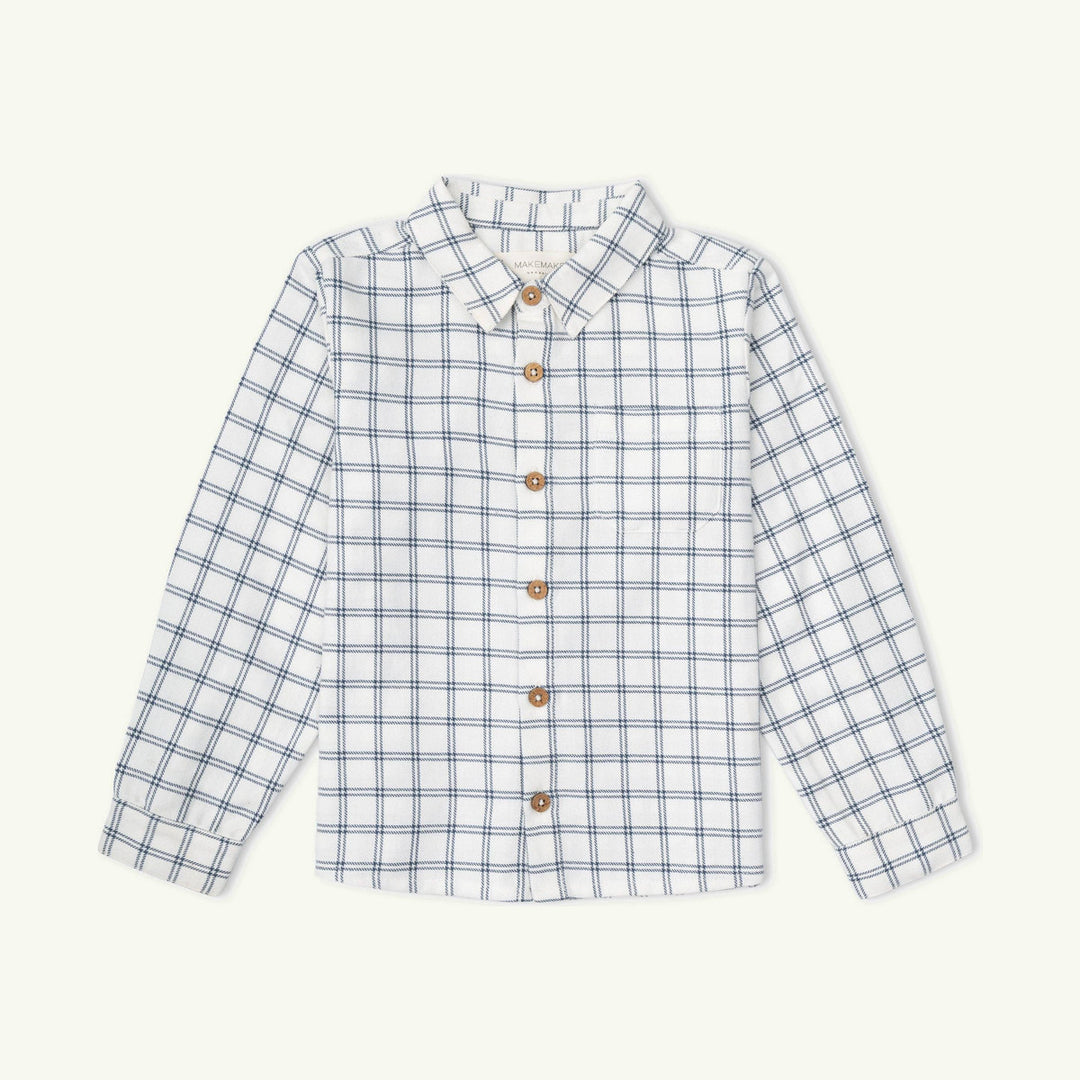 organic collared long sleeve button down - navy window pane on stork