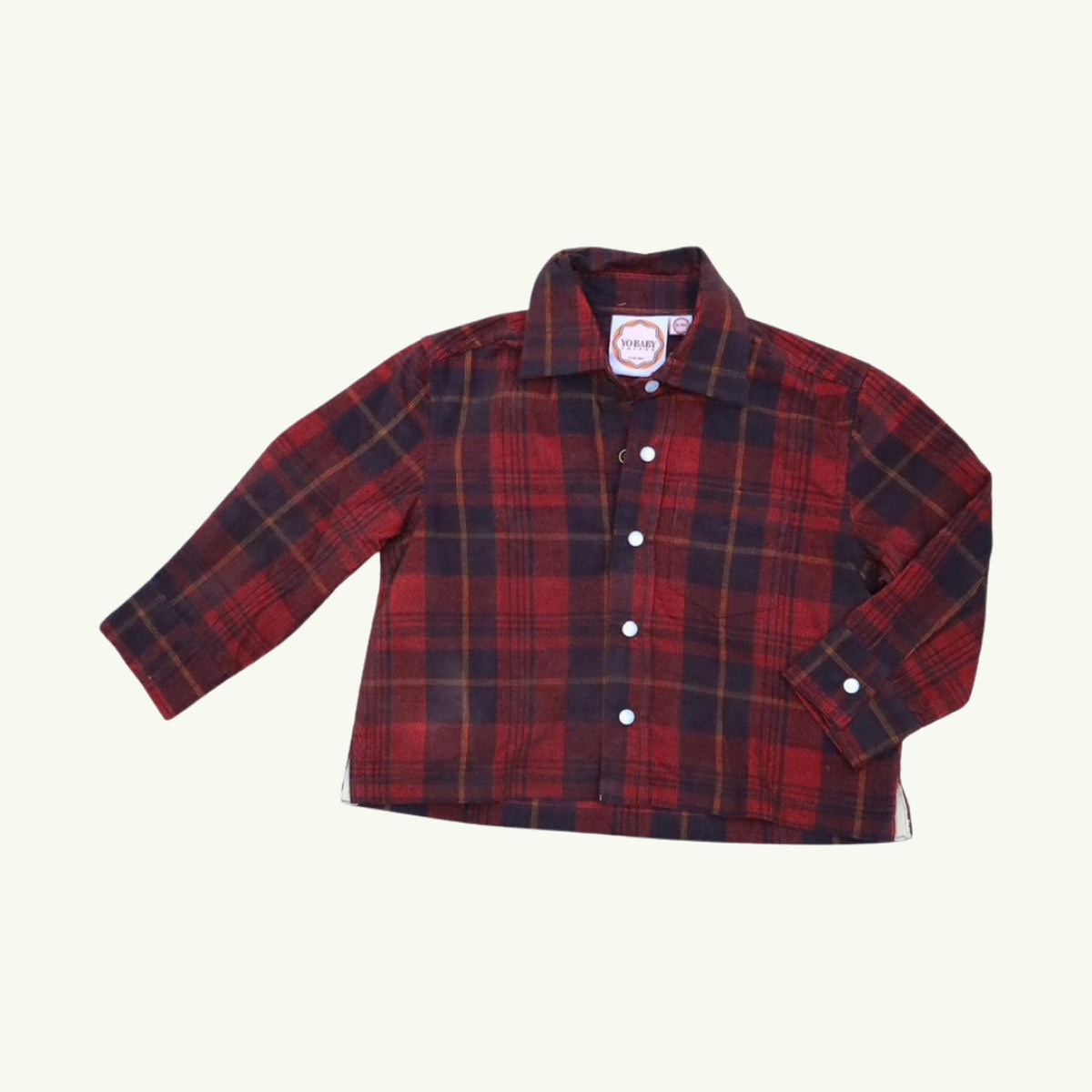 rowan red check button down shirt on stork