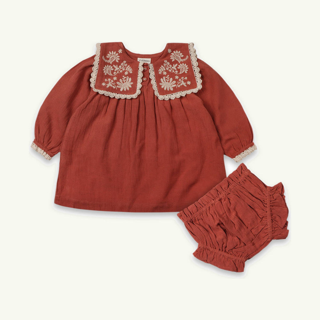 sola embroidered collar dress &amp; bloomer on stork