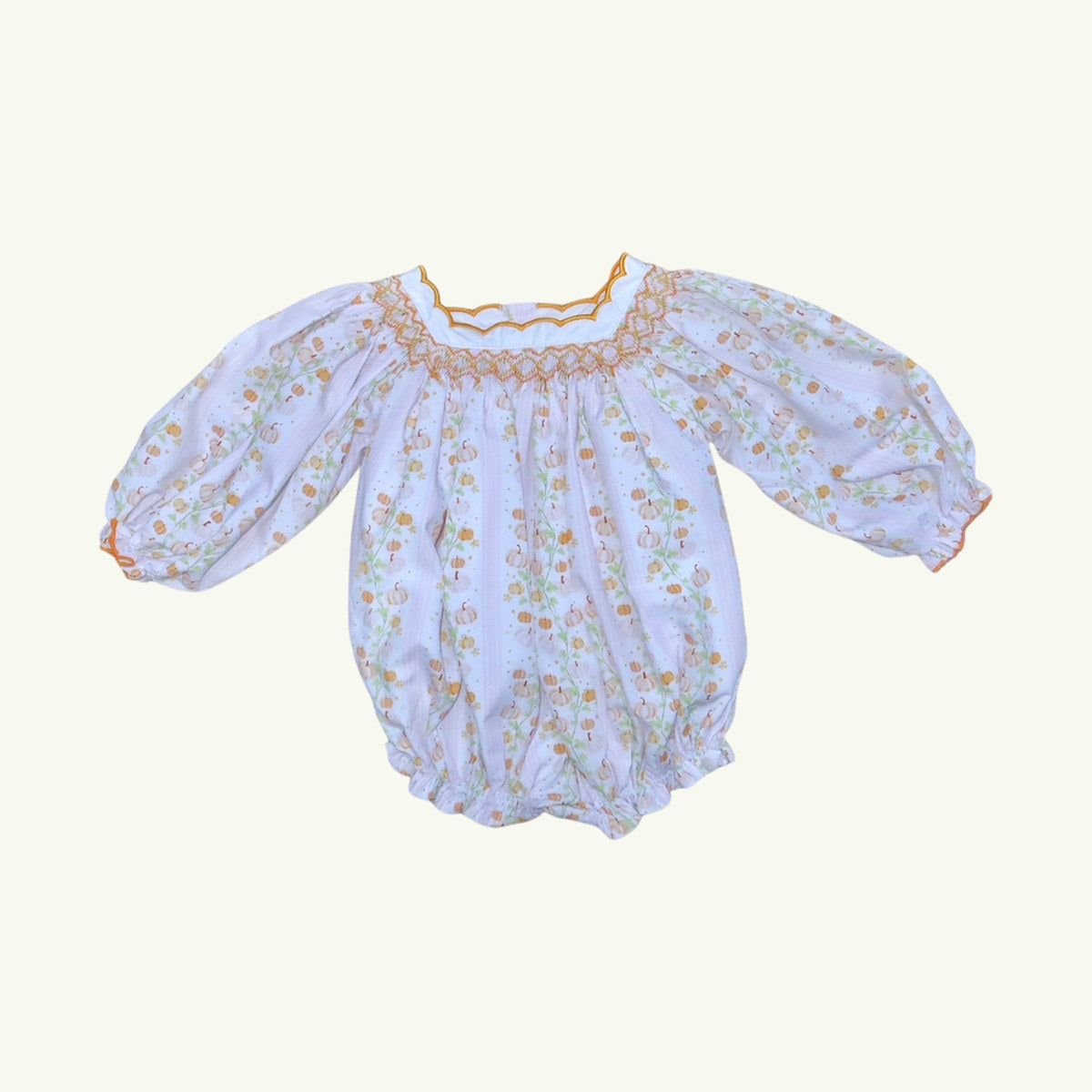 sweet pumpkins scalloped collar smocked bubble on stork