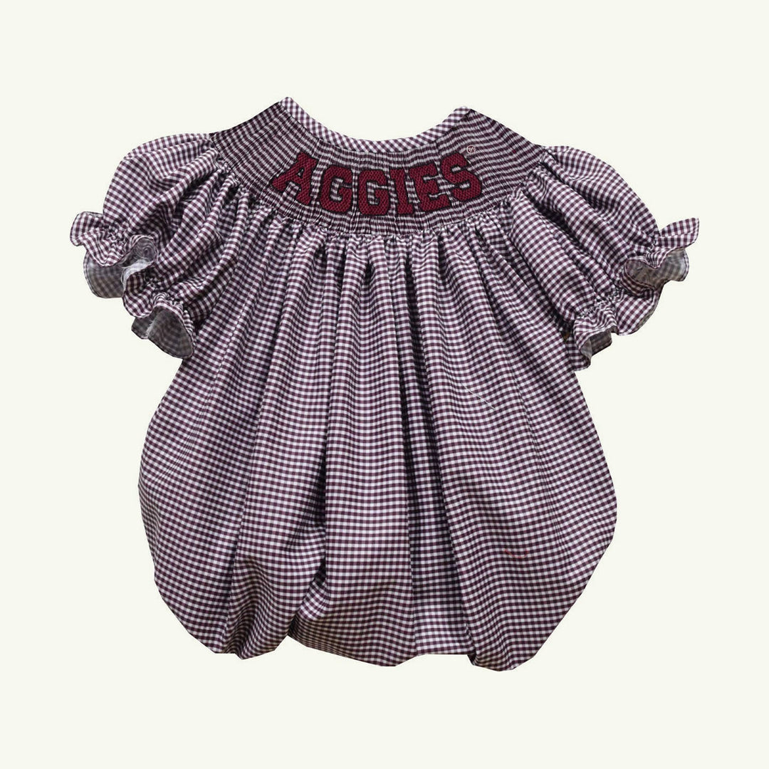 texas a&amp;m smocked gingham short sleeve girls bubble on stork