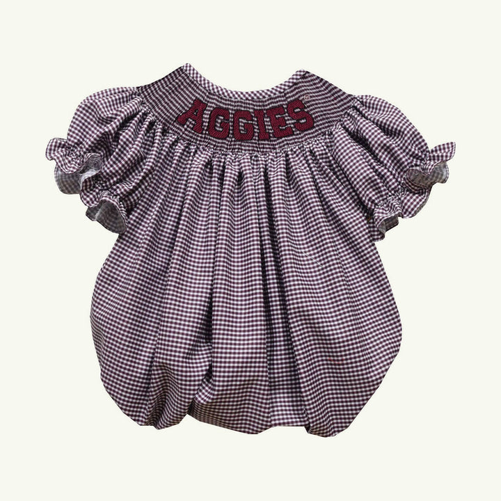 texas a&amp;m smocked gingham short sleeve girls bubble on stork